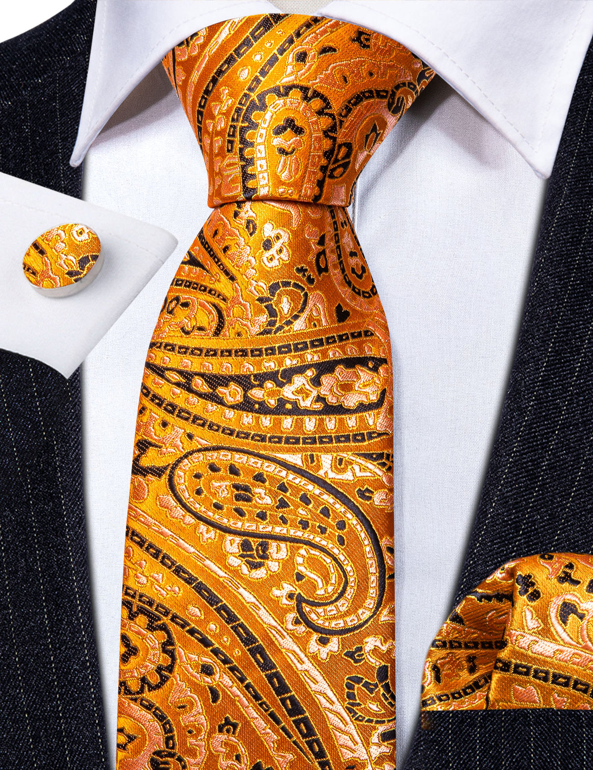 Gold Orange Black Paisley Tie, Pocket Square and Cufflinks Set tie sets - Sophisticated Gentlemen