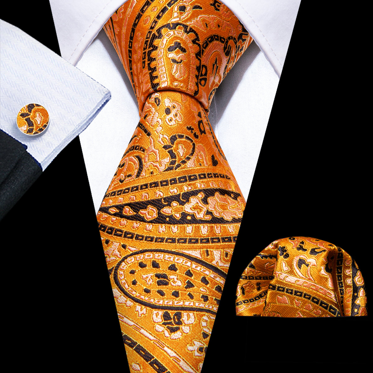 Gold Orange Black Paisley Tie, Pocket Square and Cufflinks Set tie sets - Sophisticated Gentlemen