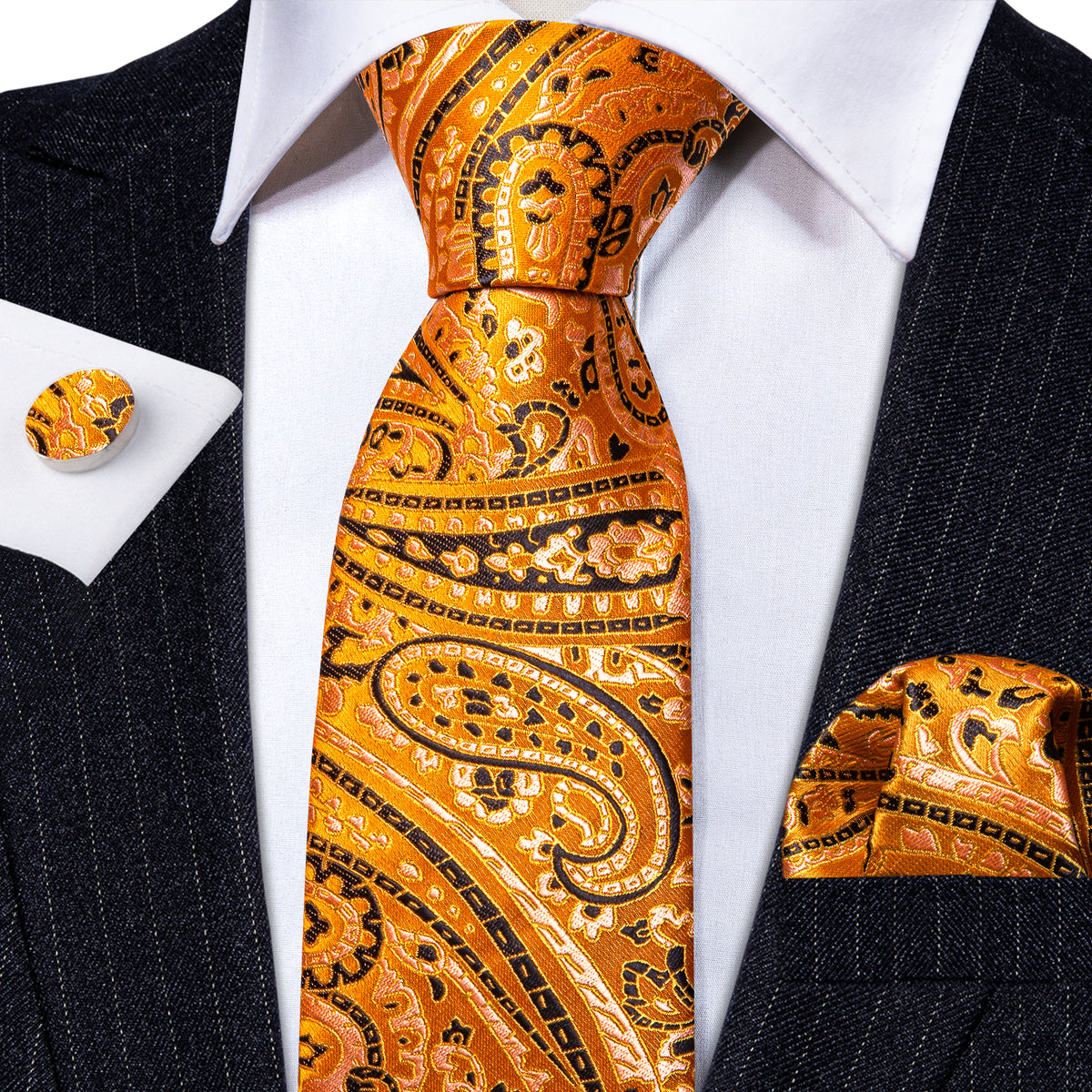 Gold Orange Black Paisley Tie, Pocket Square and Cufflinks Set tie sets - Sophisticated Gentlemen