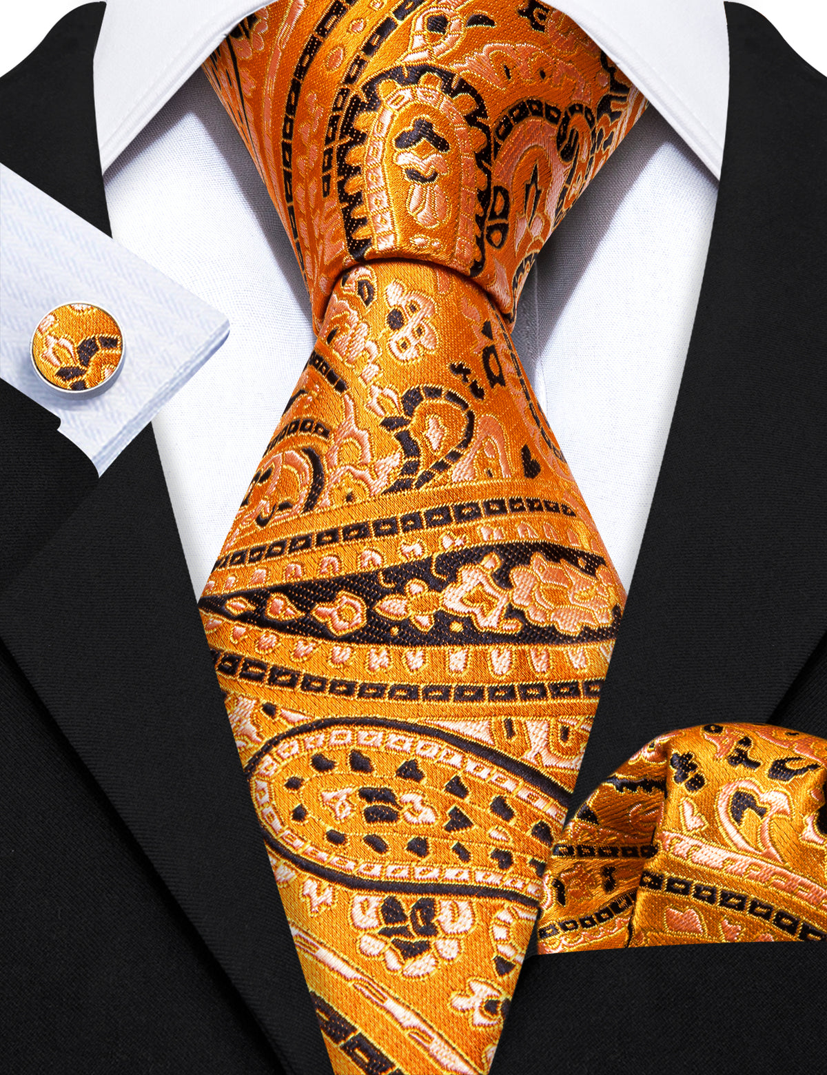 Gold Orange Black Paisley Tie, Pocket Square and Cufflinks Set tie sets - Sophisticated Gentlemen