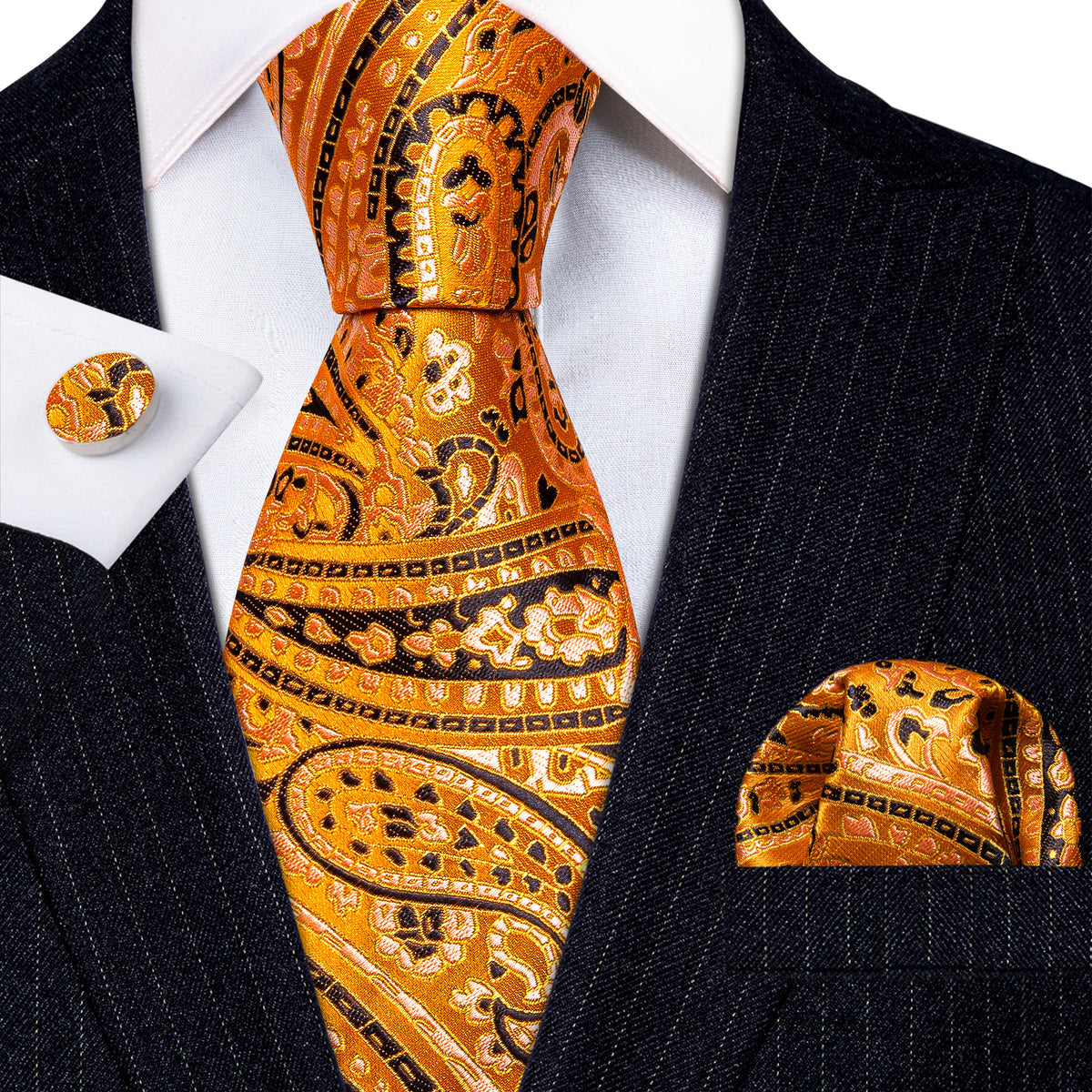 Gold Orange Black Paisley Tie, Pocket Square and Cufflinks Set tie sets - Sophisticated Gentlemen