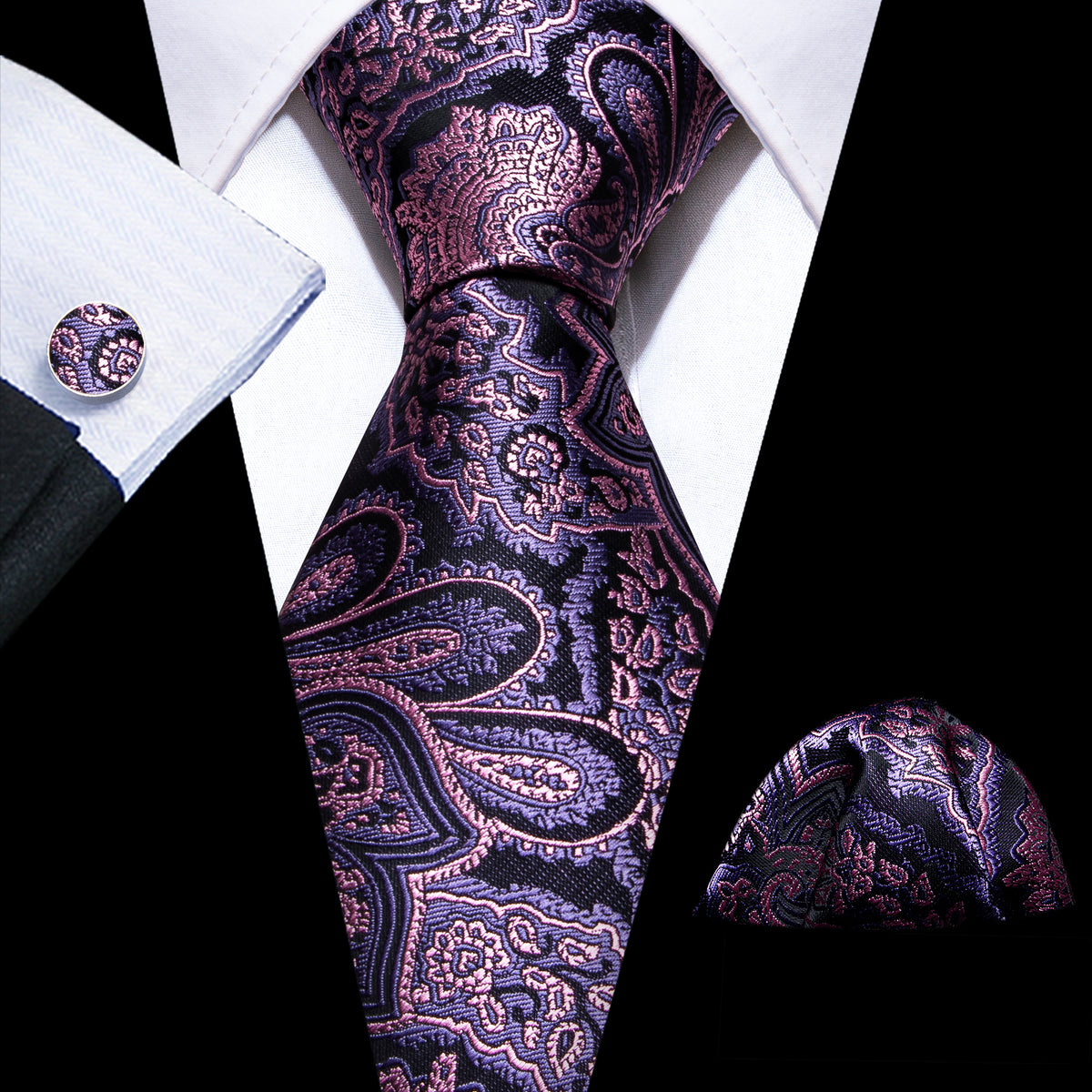 Lavender Purple Pink Paisley Tie, Pocket Square and Cufflinks Set tie sets - Sophisticated Gentlemen