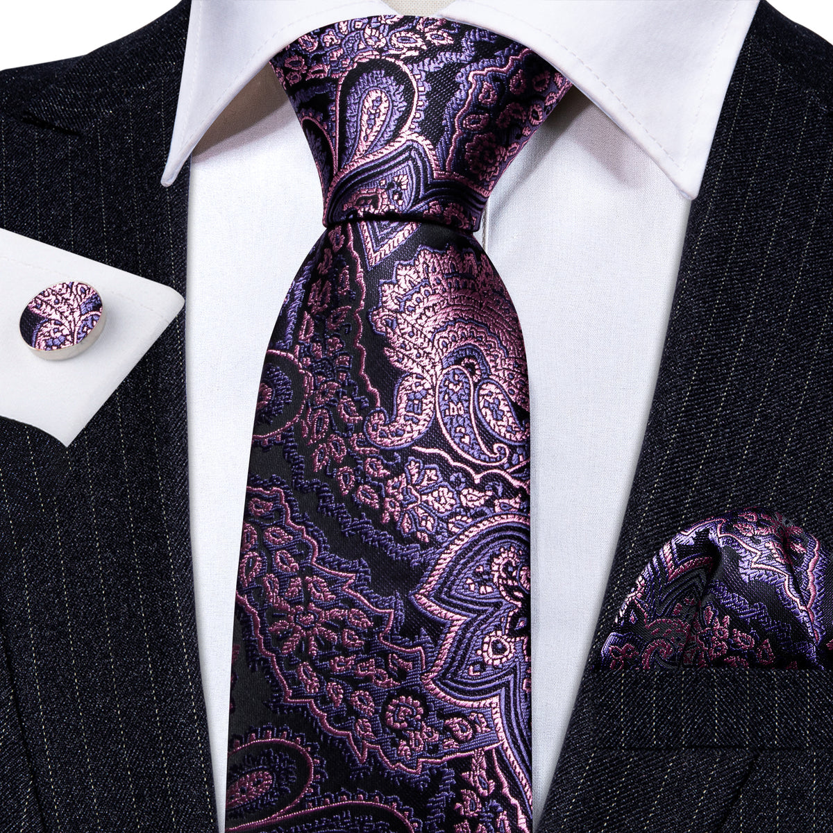 Lavender Purple Pink Paisley Tie, Pocket Square and Cufflinks Set tie sets - Sophisticated Gentlemen