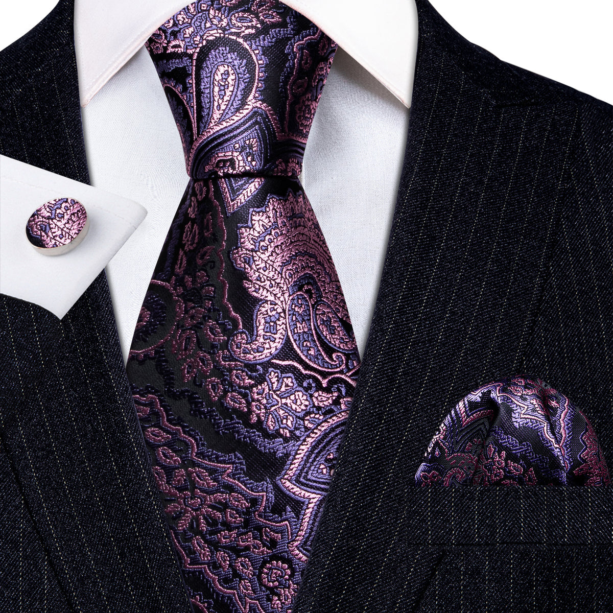 Lavender Purple Pink Paisley Tie, Pocket Square and Cufflinks Set tie sets - Sophisticated Gentlemen