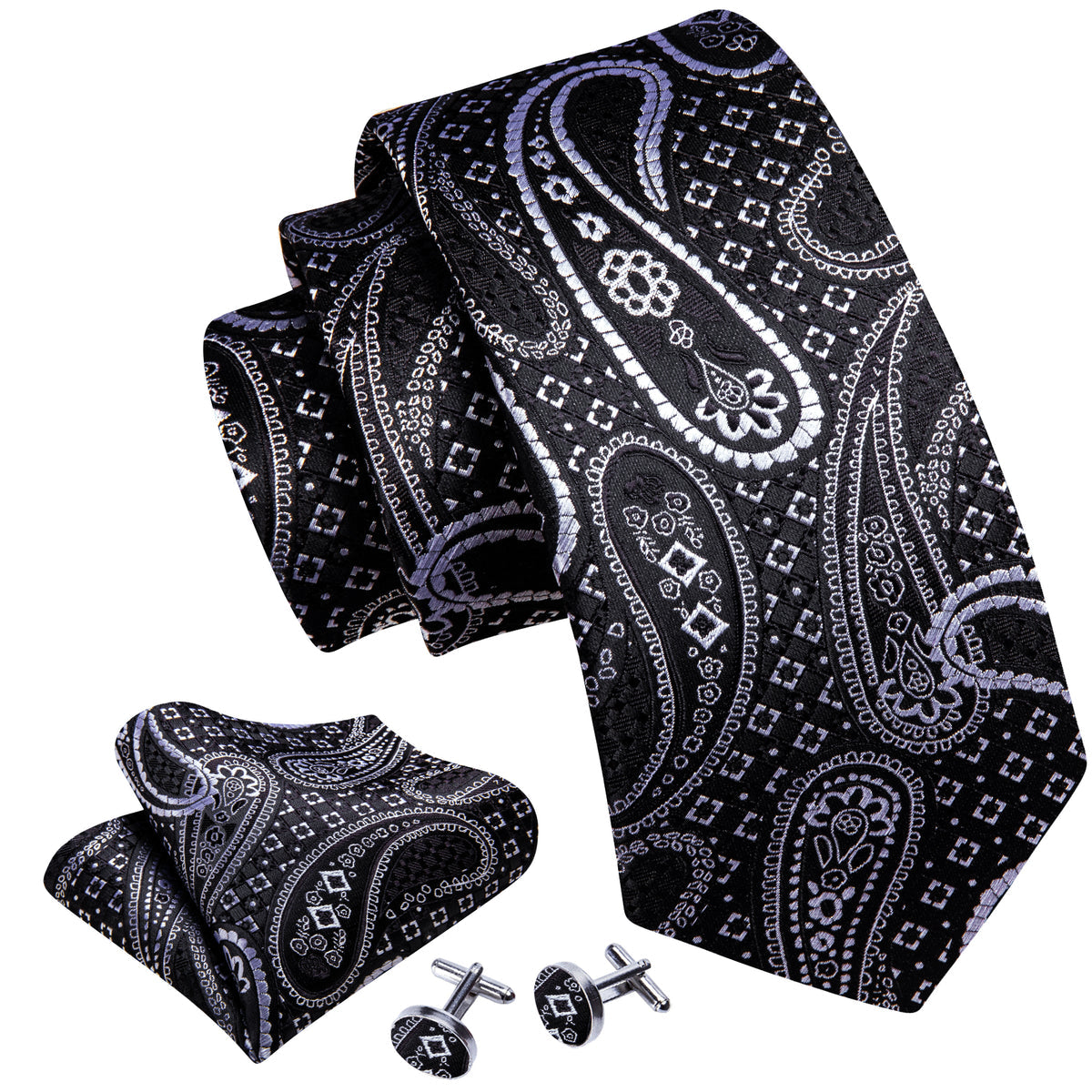 Black Silver Paisley Silk Tie, Pocket Square and Cufflinks Set tie sets - Sophisticated Gentlemen