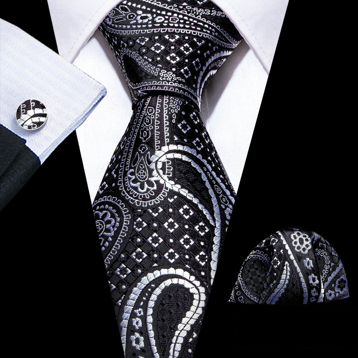 Black Silver Paisley Silk Tie, Pocket Square and Cufflinks Set tie sets - Sophisticated Gentlemen