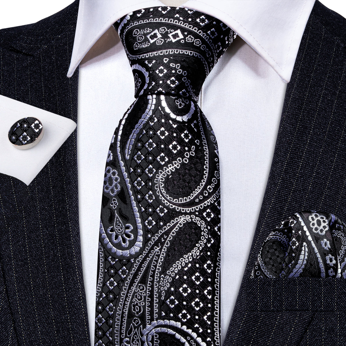 Black Silver Paisley Silk Tie, Pocket Square and Cufflinks Set tie sets - Sophisticated Gentlemen