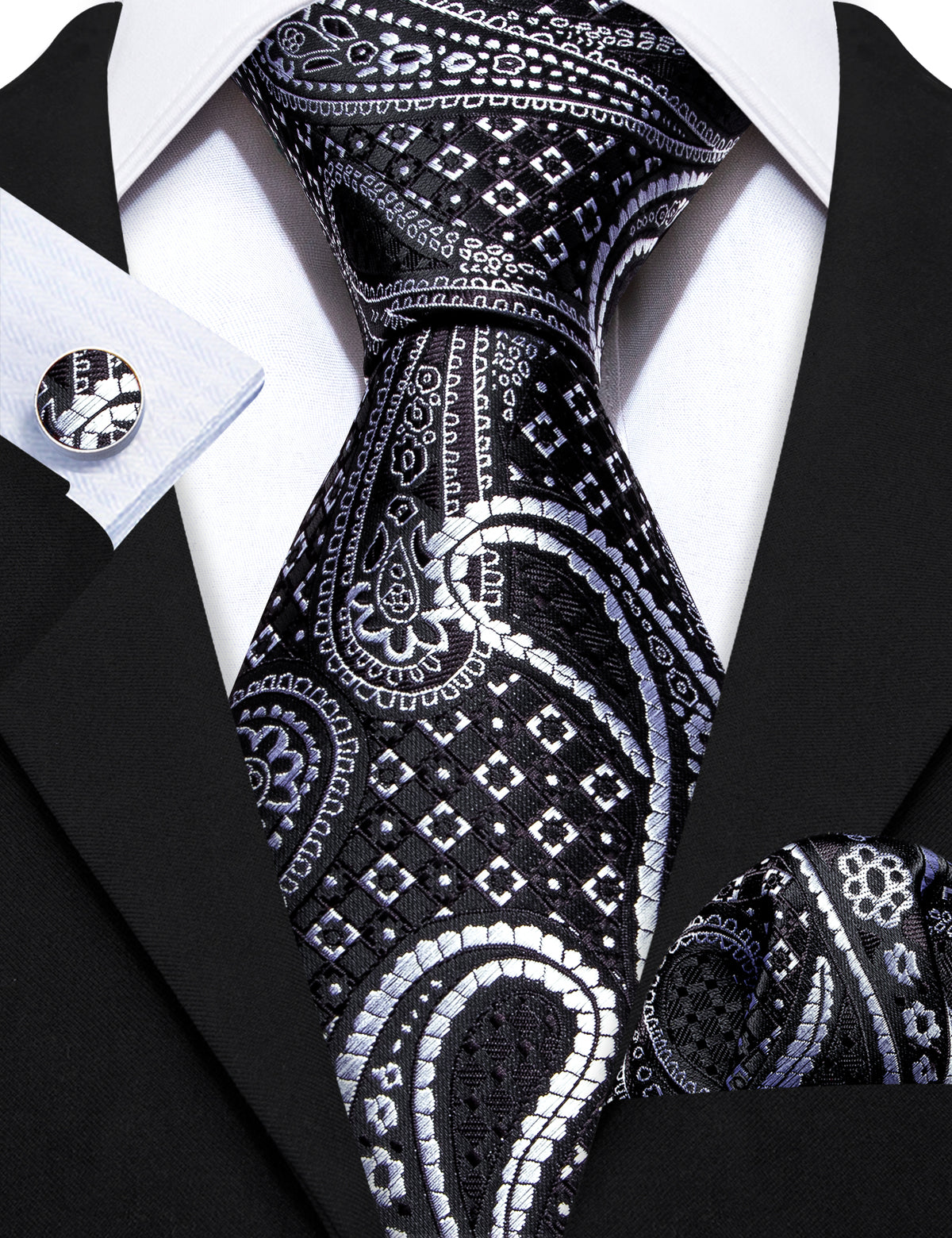Black Silver Paisley Silk Tie, Pocket Square and Cufflinks Set tie sets - Sophisticated Gentlemen
