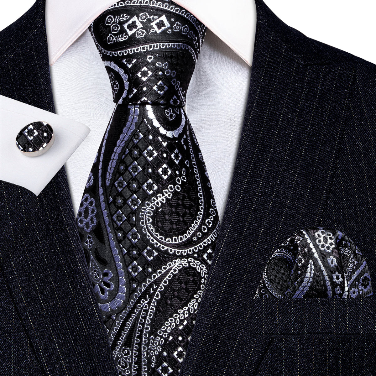 Black Silver Paisley Silk Tie, Pocket Square and Cufflinks Set tie sets - Sophisticated Gentlemen