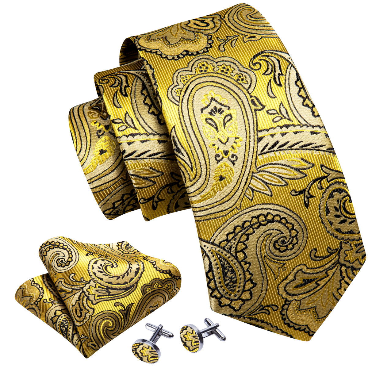 Yellow Black Silk Tie, Pocket Square and Cufflinks Set tie sets - Sophisticated Gentlemen