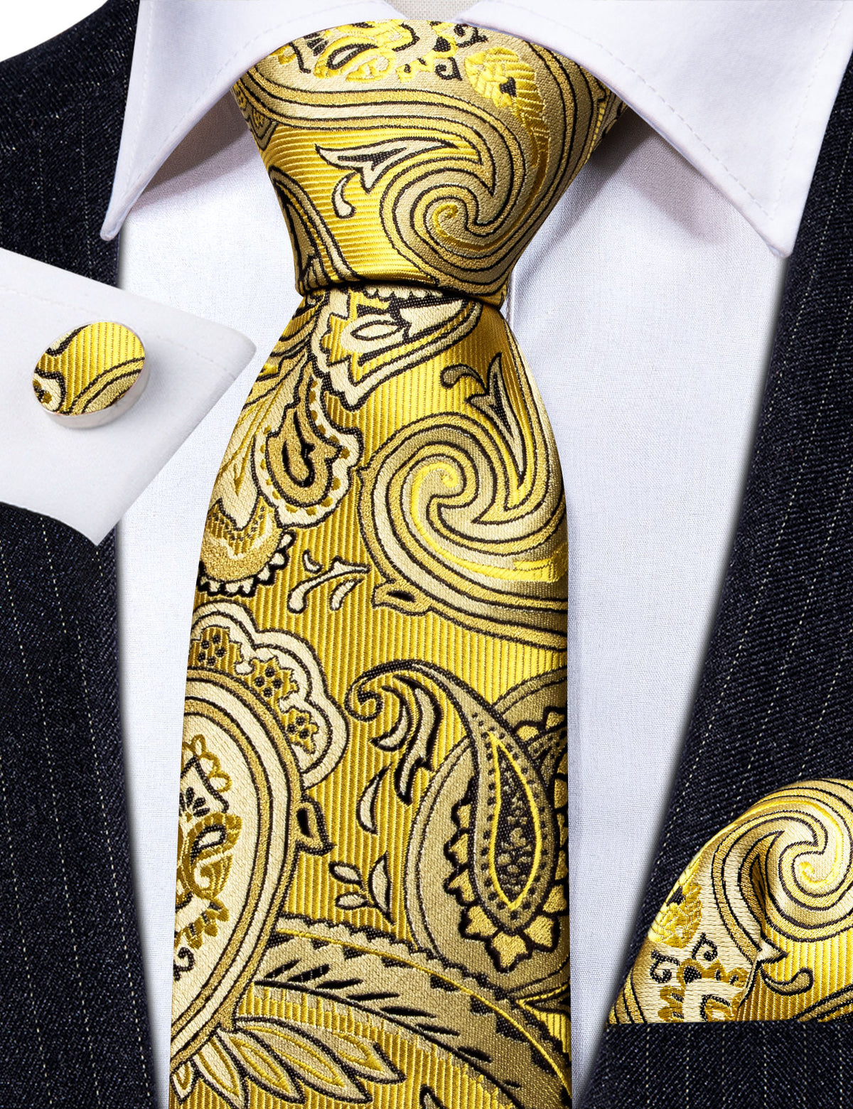 Yellow Black Silk Tie, Pocket Square and Cufflinks Set tie sets - Sophisticated Gentlemen