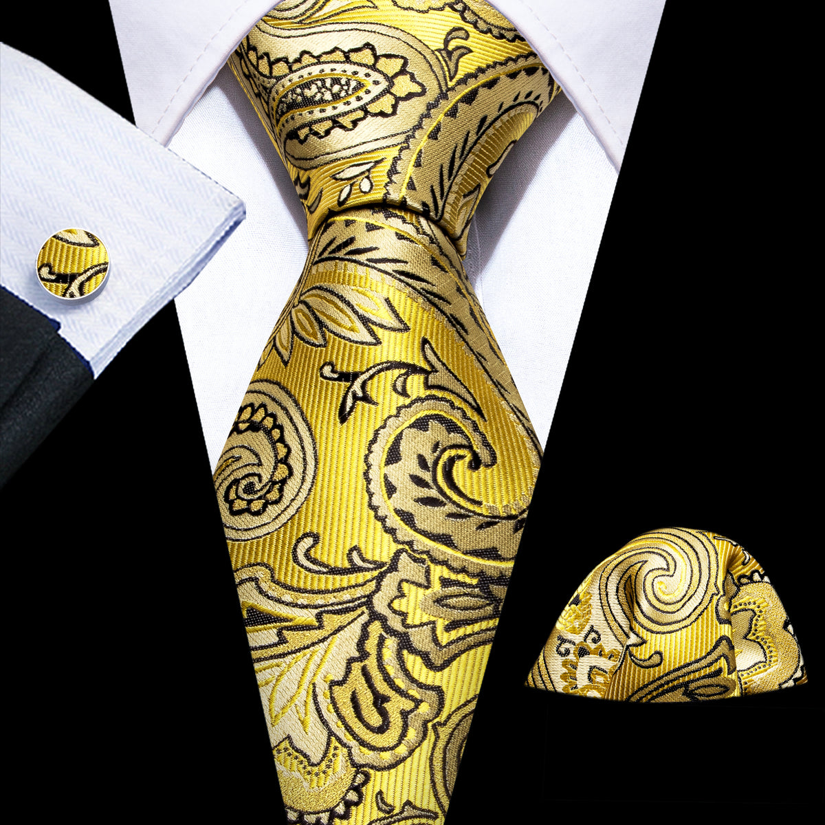 Yellow Black Silk Tie, Pocket Square and Cufflinks Set tie sets - Sophisticated Gentlemen