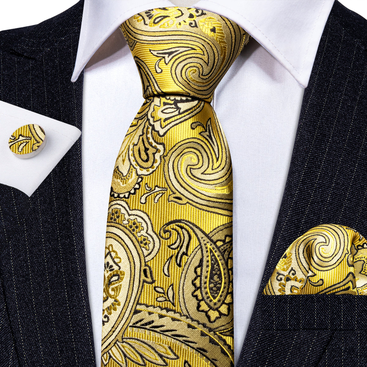 Yellow Black Silk Tie, Pocket Square and Cufflinks Set tie sets - Sophisticated Gentlemen