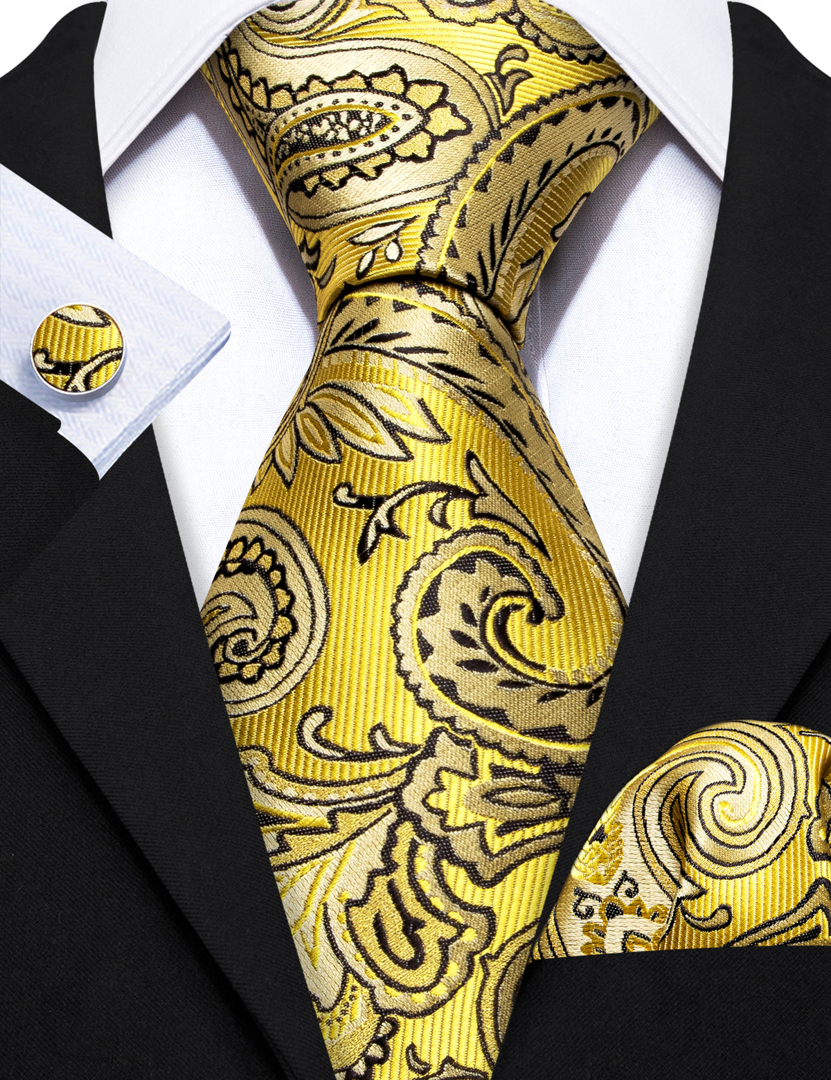 Yellow Black Silk Tie, Pocket Square and Cufflinks Set tie sets - Sophisticated Gentlemen