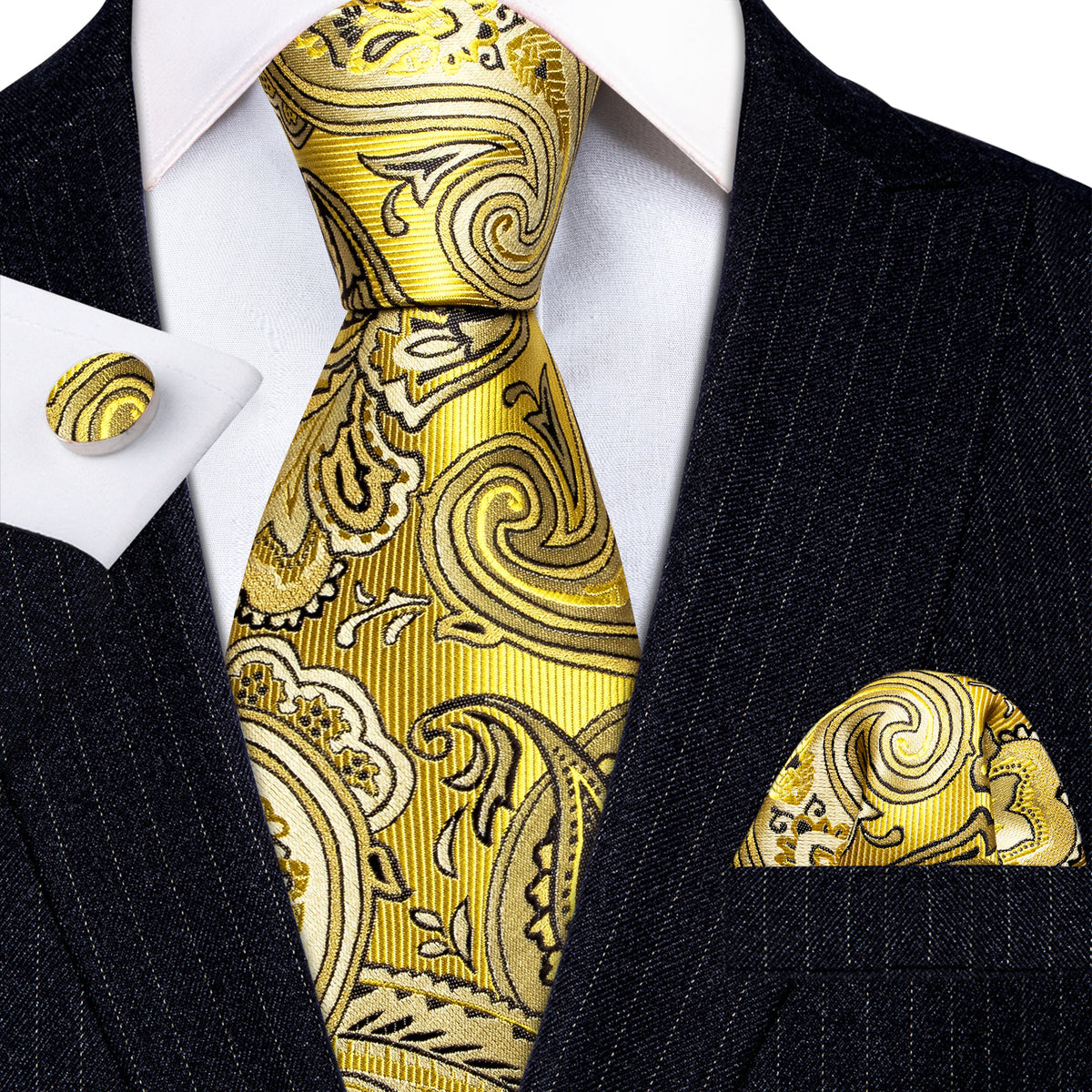 Yellow Black Silk Tie, Pocket Square and Cufflinks Set tie sets - Sophisticated Gentlemen
