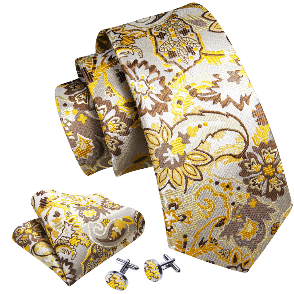 Gray Yellow Paisley Silk Tie, Pocket Square and Cufflinks Set tie sets - Sophisticated Gentlemen