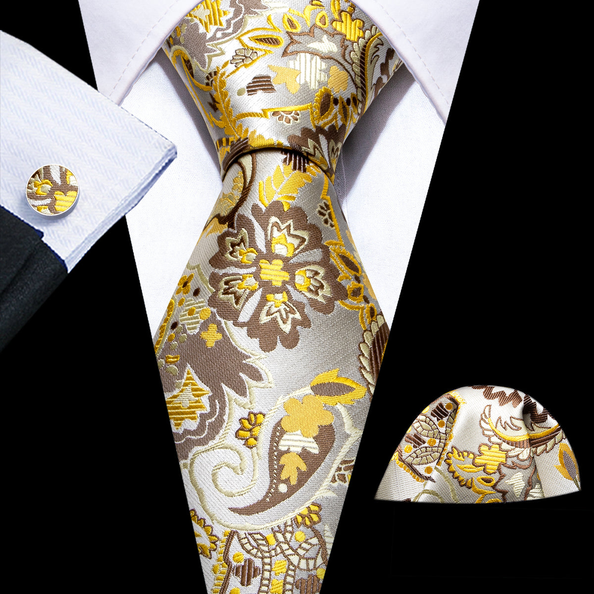 Gray Yellow Paisley Silk Tie, Pocket Square and Cufflinks Set tie sets - Sophisticated Gentlemen