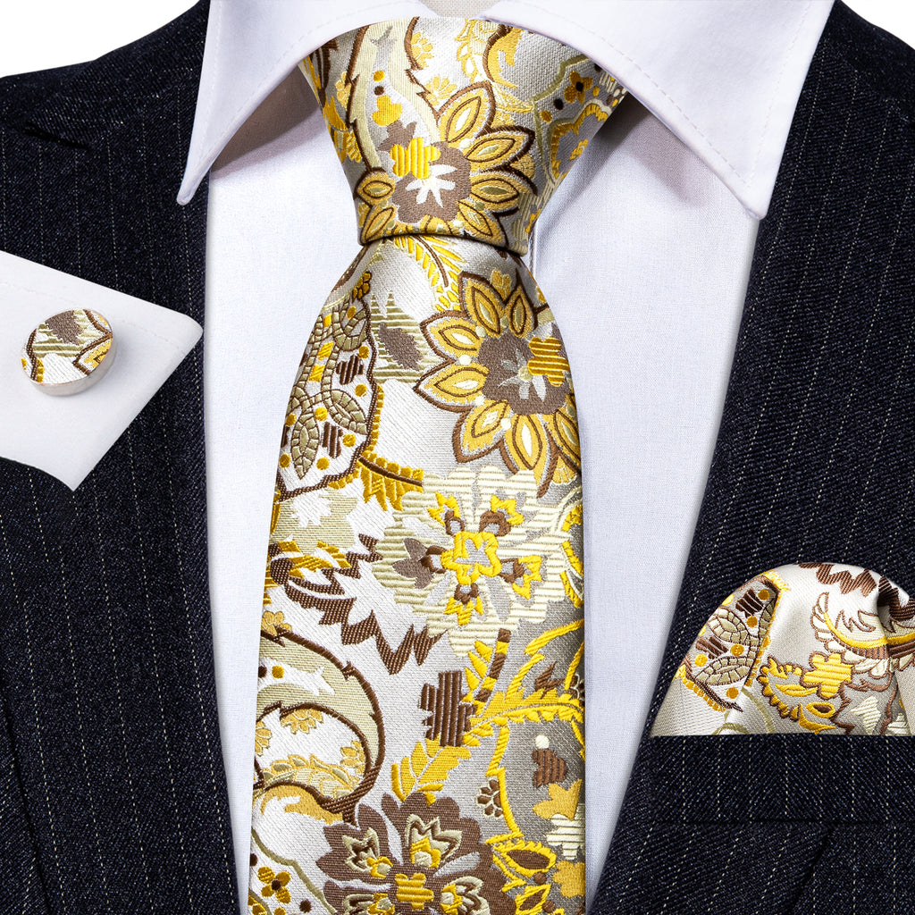 Gray Yellow Paisley Silk Tie, Pocket Square and Cufflinks Set tie sets - Sophisticated Gentlemen