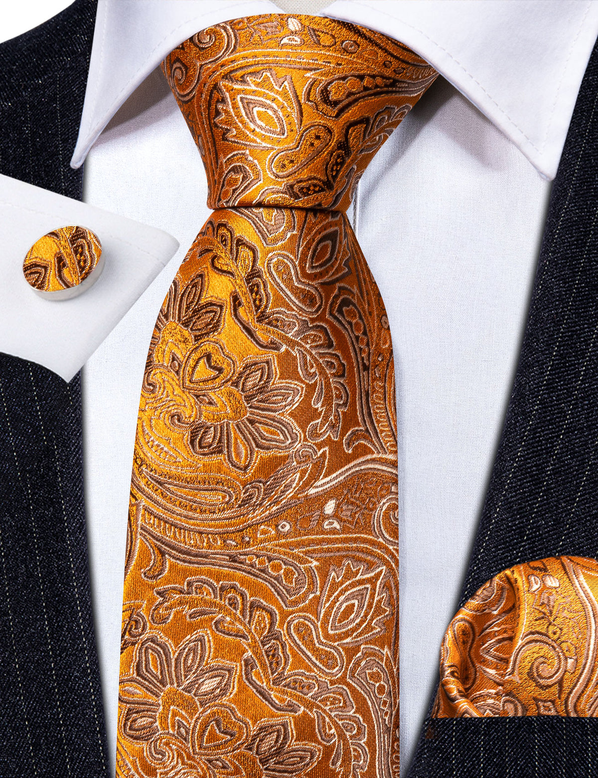 Orange Silver Paisley Silk Tie, Pocket Square and Cufflinks Set tie sets - Sophisticated Gentlemen