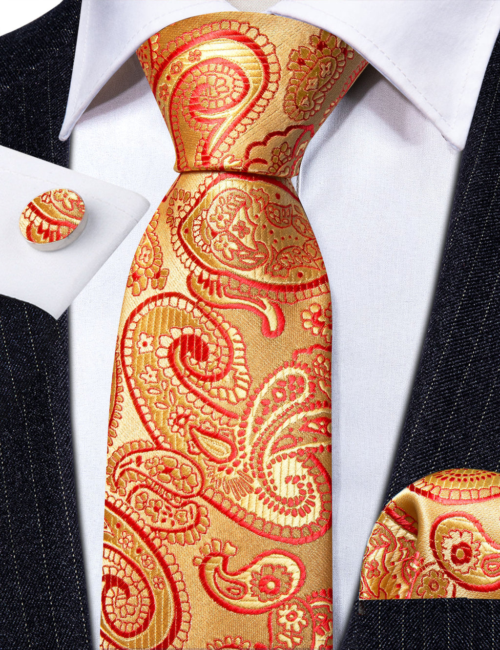 Red Gold Floral Paisley Silk Tie, Pocket Square and Cufflinks Set tie sets - Sophisticated Gentlemen