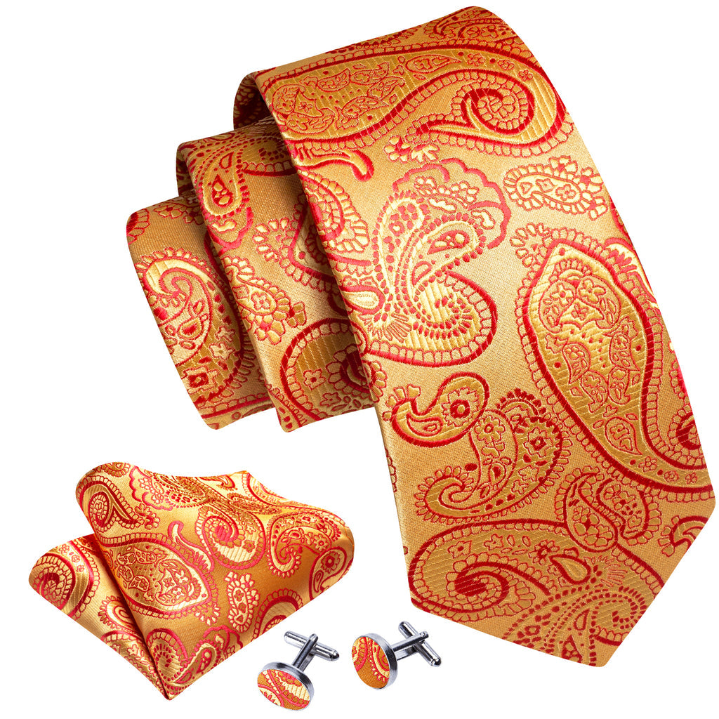 Red Gold Floral Paisley Silk Tie, Pocket Square and Cufflinks Set tie sets - Sophisticated Gentlemen