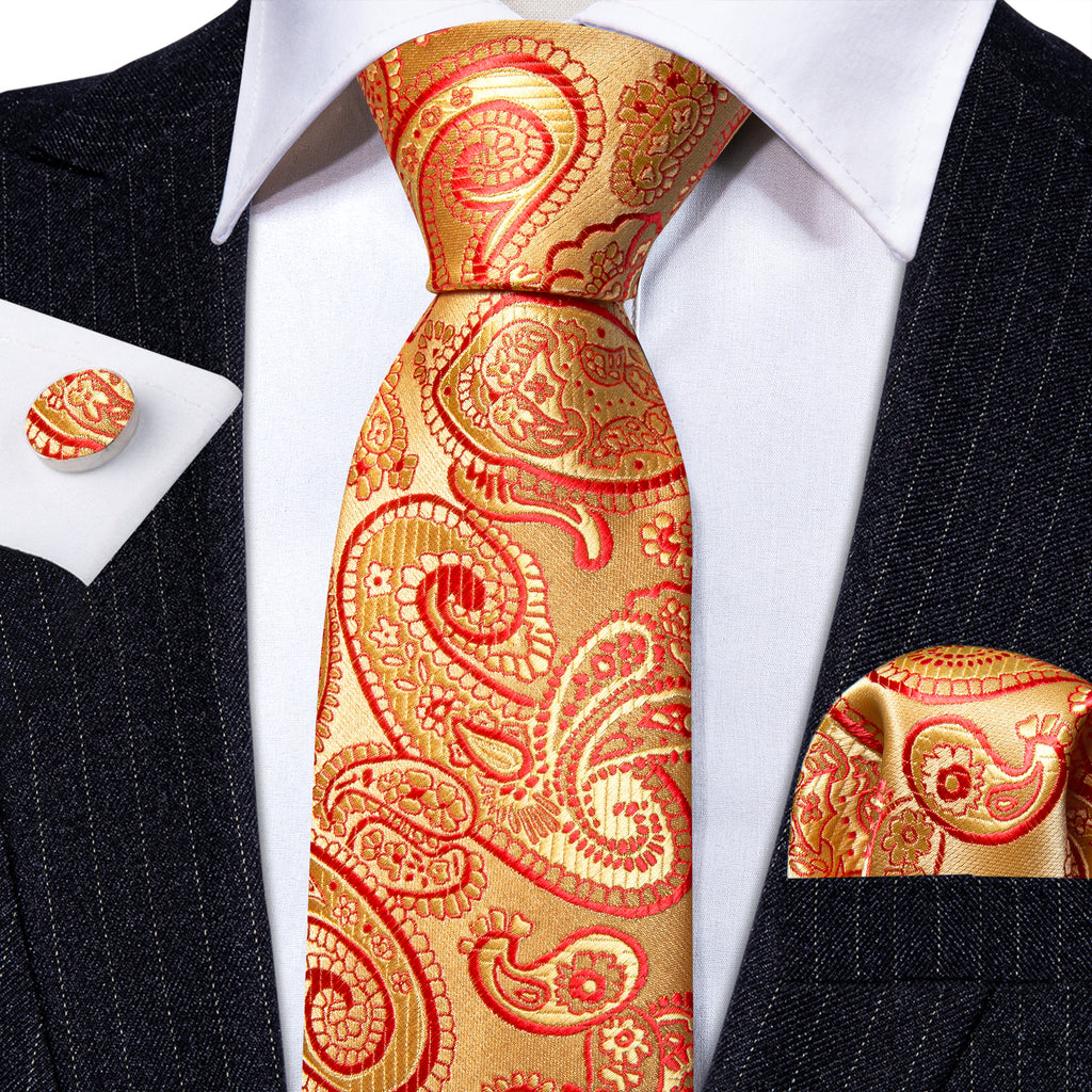 Red Gold Floral Paisley Silk Tie, Pocket Square and Cufflinks Set tie sets - Sophisticated Gentlemen