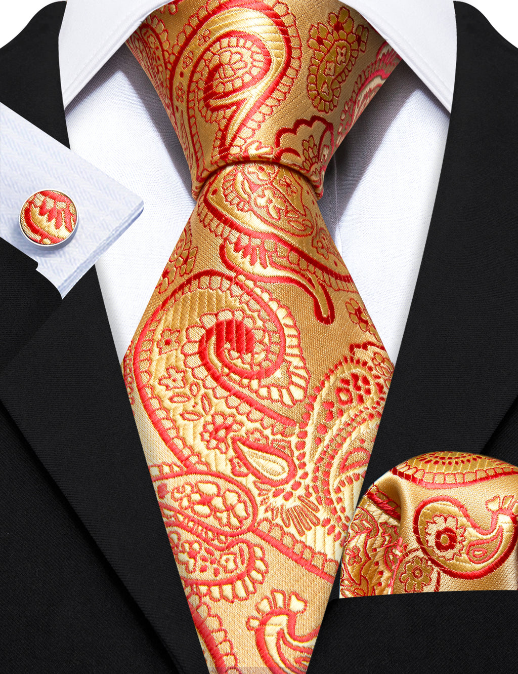 Red Gold Floral Paisley Silk Tie, Pocket Square and Cufflinks Set tie sets - Sophisticated Gentlemen