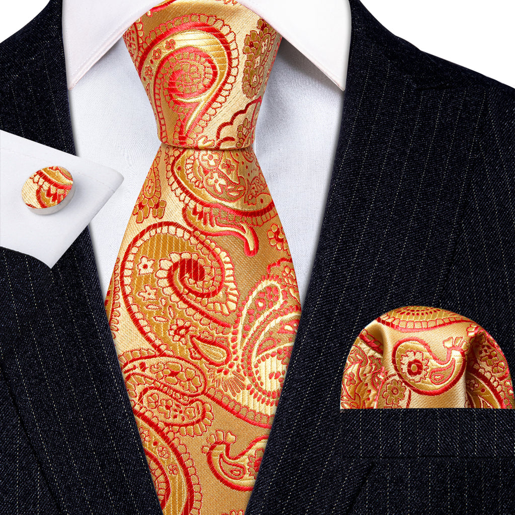 Red Gold Floral Paisley Silk Tie, Pocket Square and Cufflinks Set tie sets - Sophisticated Gentlemen