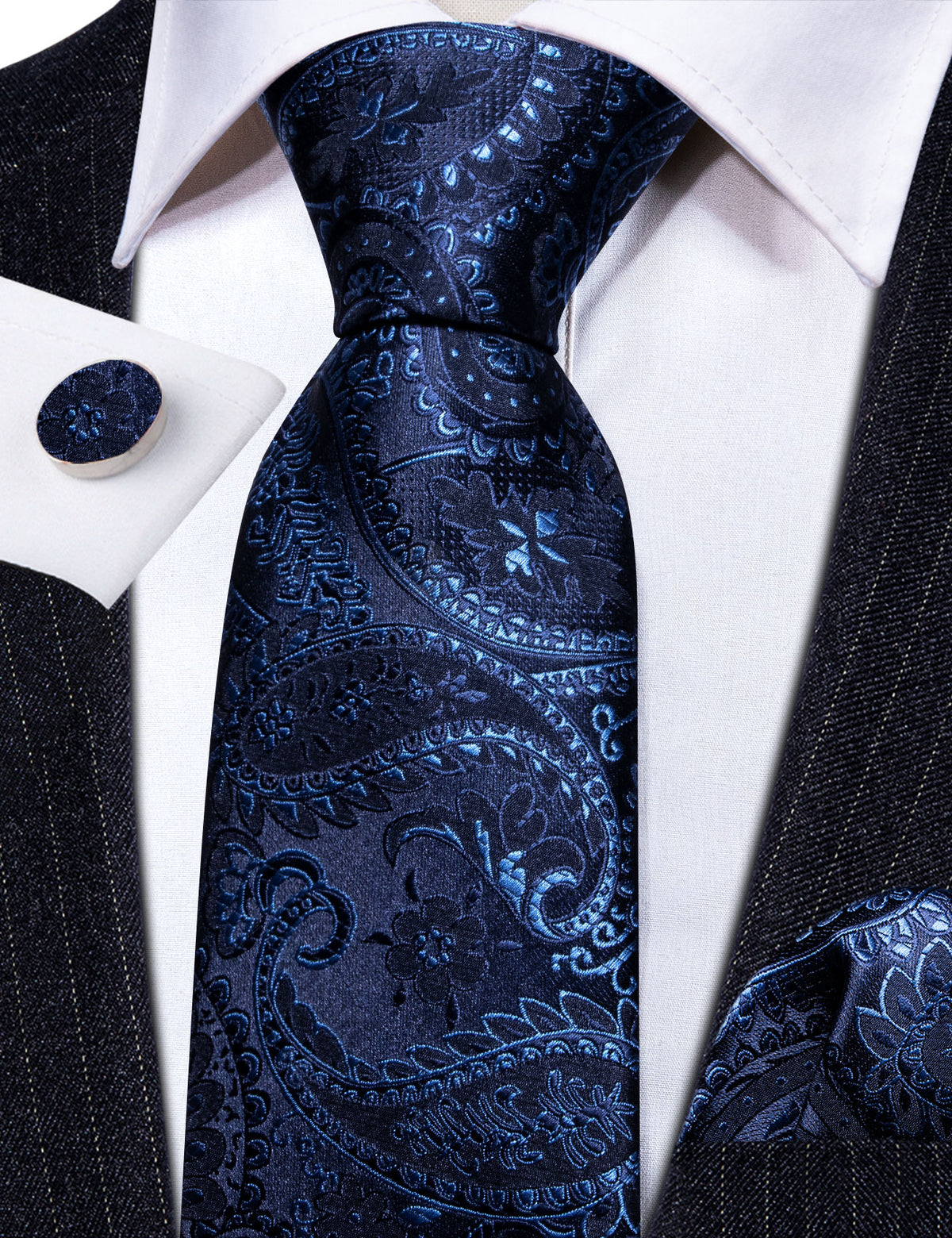 Navy Blue Floral Silk Tie, Pocket Square and Cufflinks Set tie sets - Sophisticated Gentlemen