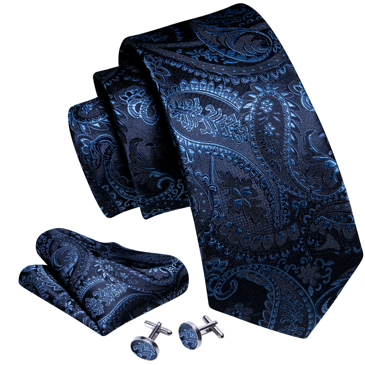 Navy Blue Floral Silk Tie, Pocket Square and Cufflinks Set tie sets - Sophisticated Gentlemen
