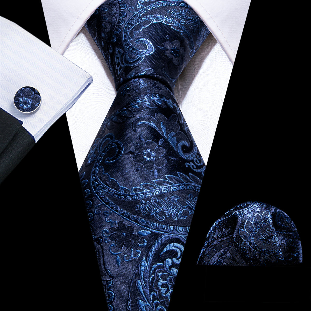 Navy Blue Floral Silk Tie, Pocket Square and Cufflinks Set tie sets - Sophisticated Gentlemen
