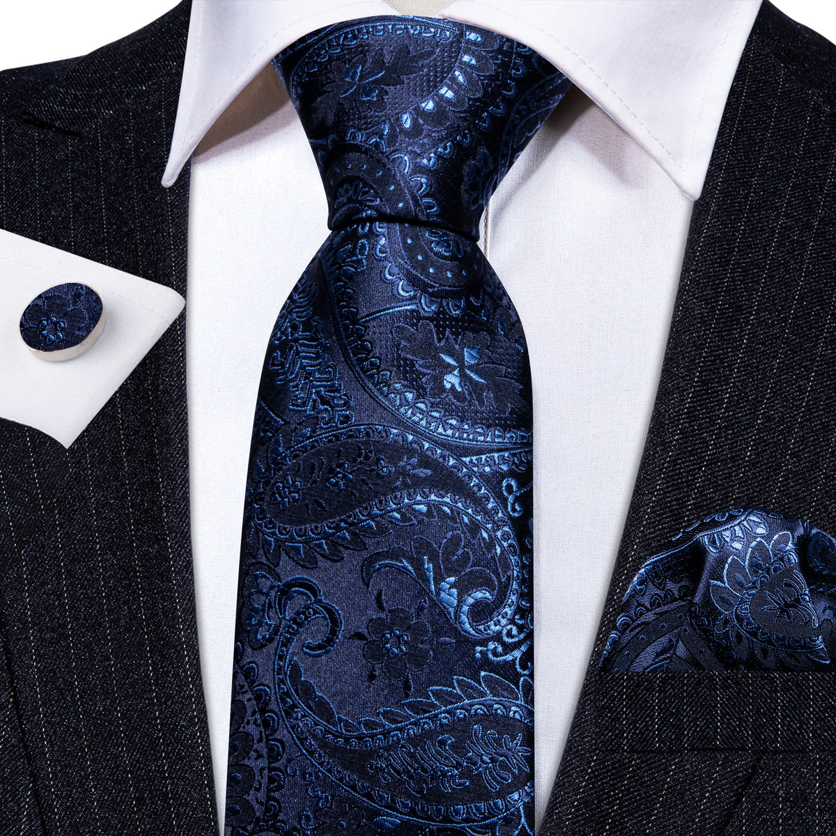Navy Blue Floral Silk Tie, Pocket Square and Cufflinks Set tie sets - Sophisticated Gentlemen