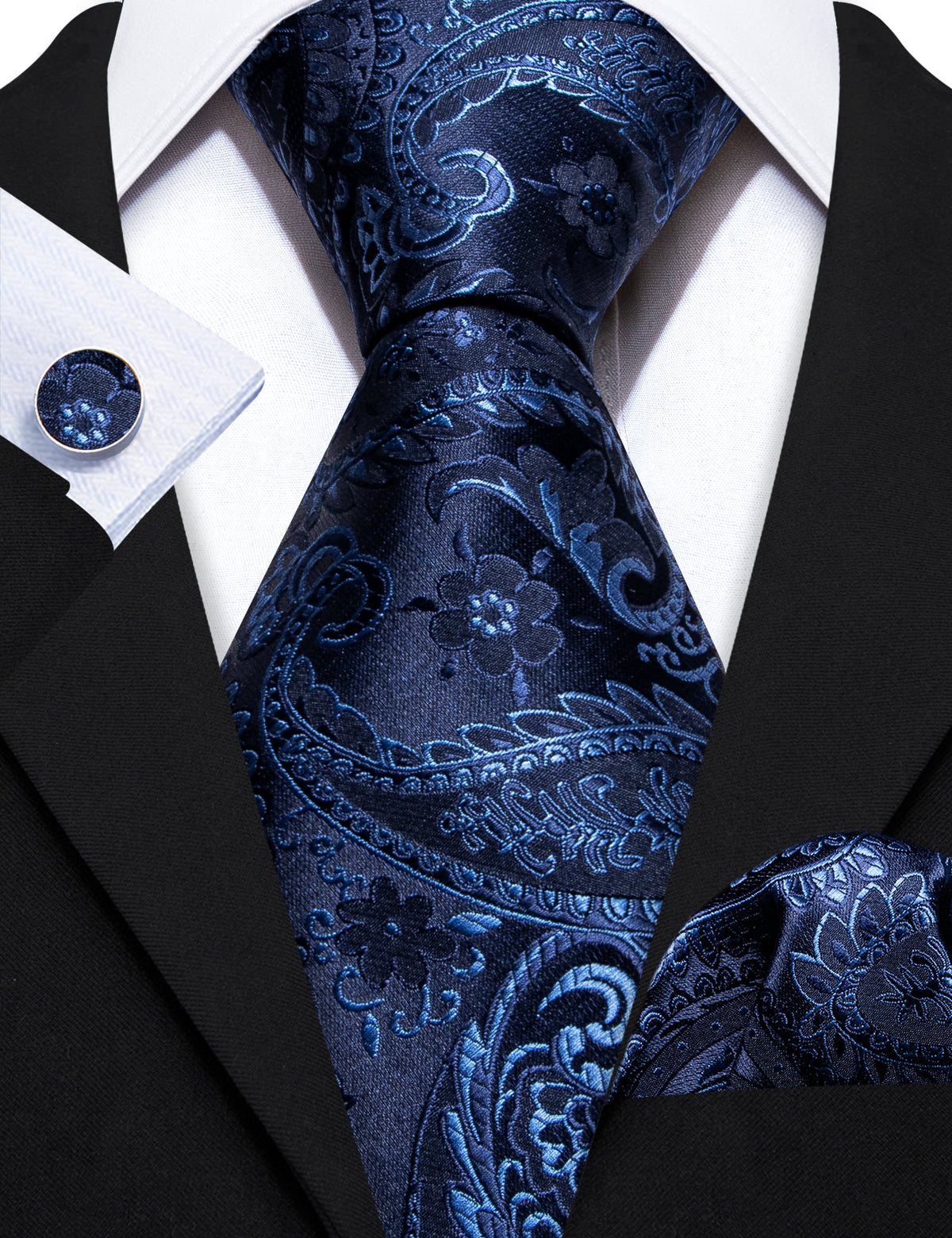 Navy Blue Floral Silk Tie, Pocket Square and Cufflinks Set tie sets - Sophisticated Gentlemen