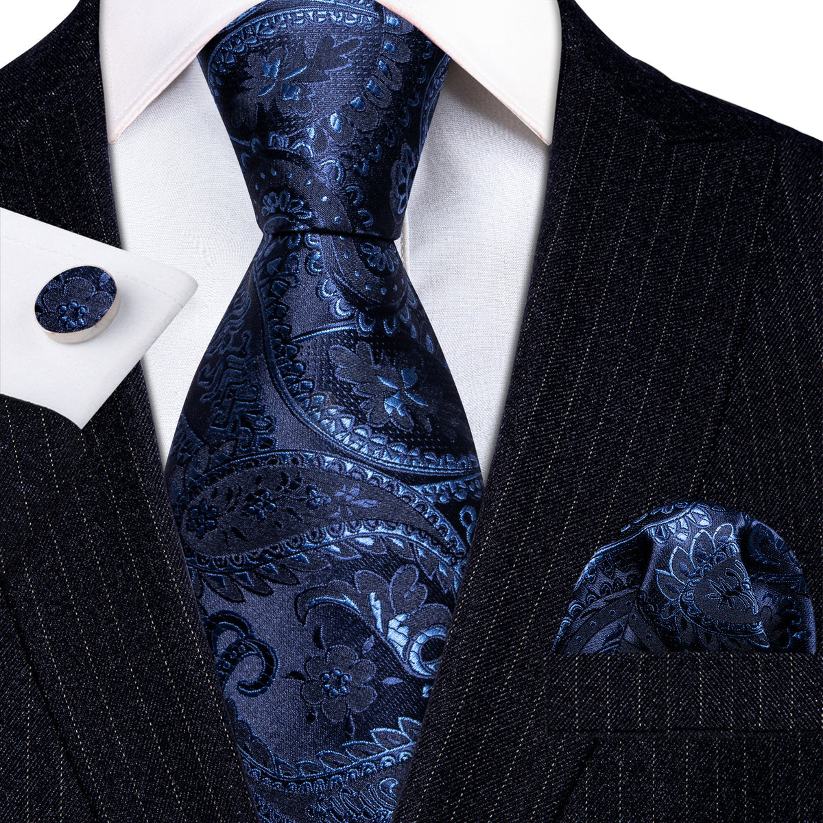 Navy Blue Floral Silk Tie, Pocket Square and Cufflinks Set tie sets - Sophisticated Gentlemen