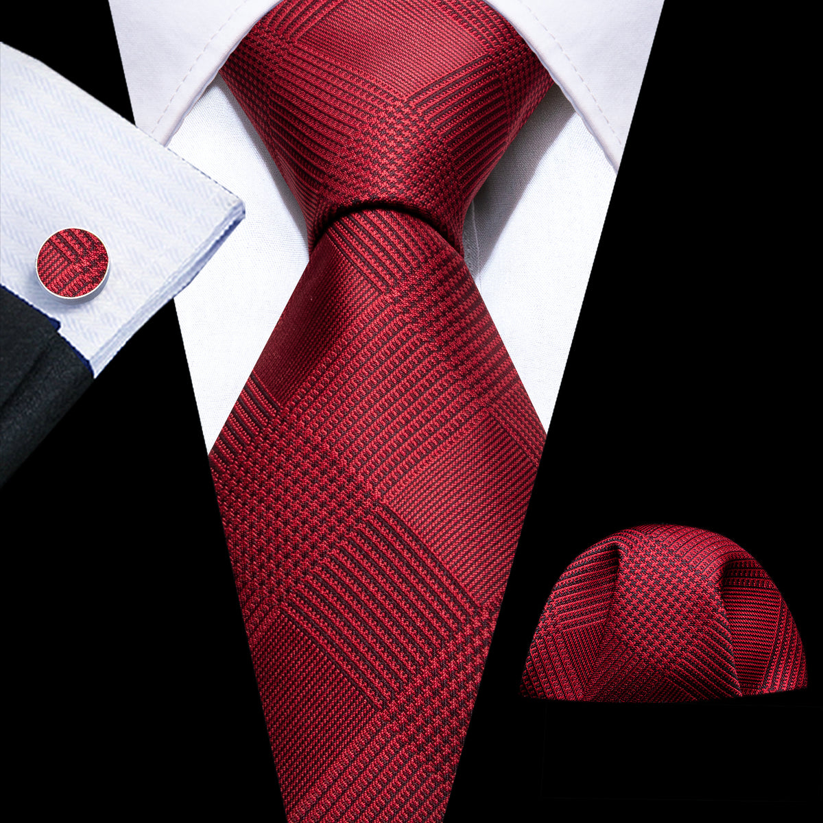 Red Jacquard Lattice Silk Tie, Pocket Square and Cufflinks Set tie sets    - Sophisticated Gentlemen