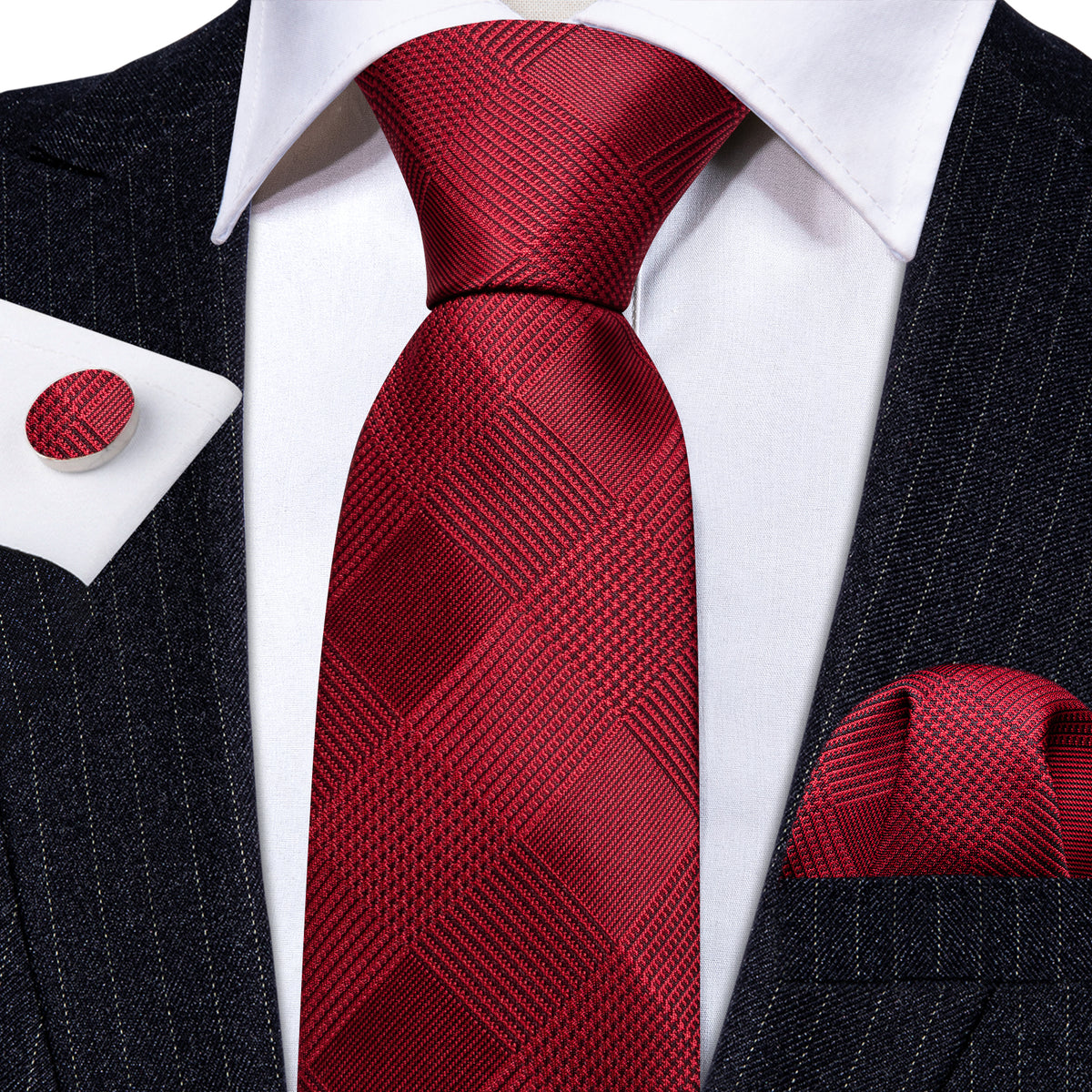 Red Jacquard Lattice Silk Tie, Pocket Square and Cufflinks Set tie sets    - Sophisticated Gentlemen