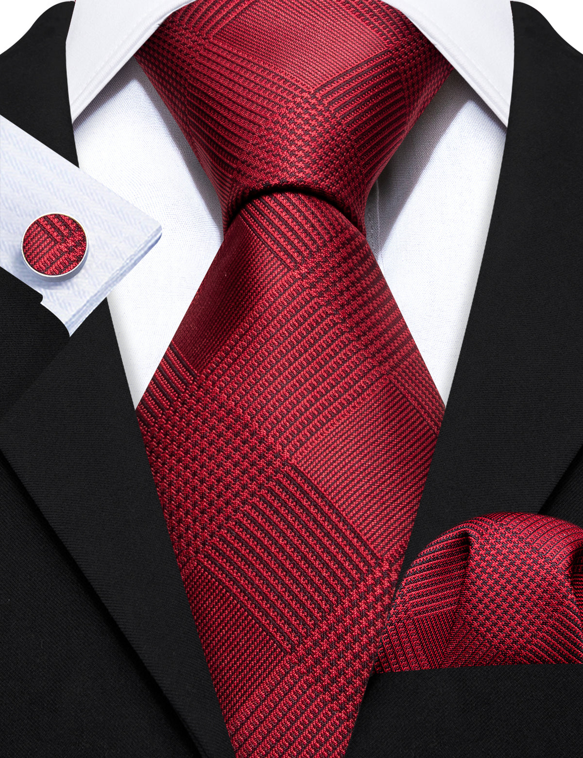 Red Jacquard Lattice Silk Tie, Pocket Square and Cufflinks Set tie sets    - Sophisticated Gentlemen
