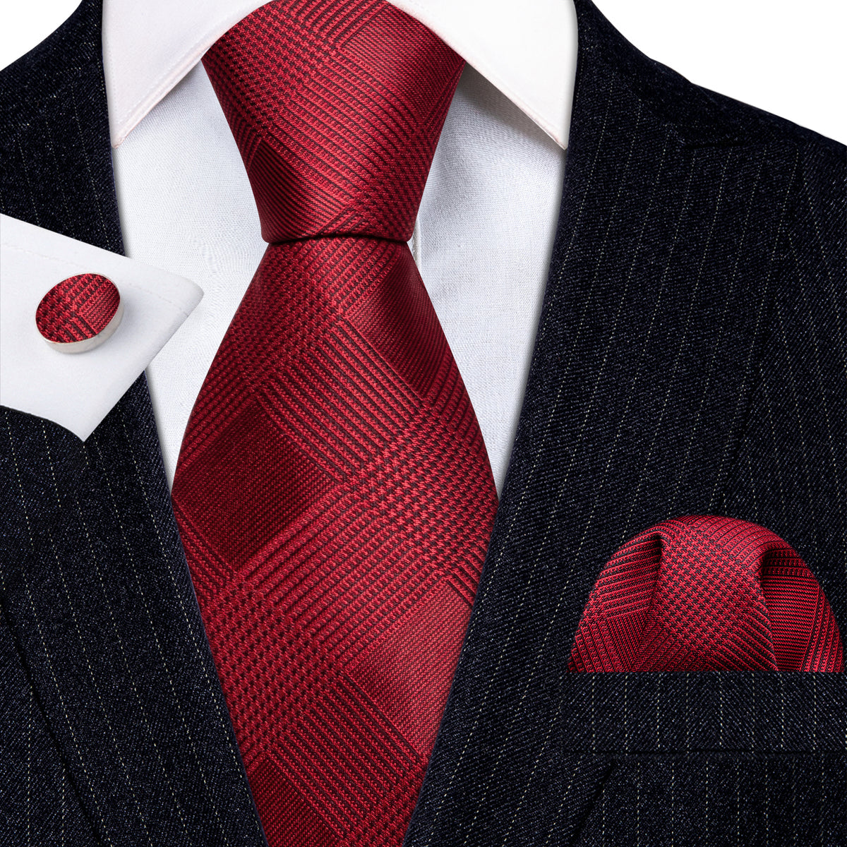 Red Jacquard Lattice Silk Tie, Pocket Square and Cufflinks Set tie sets - Sophisticated Gentlemen