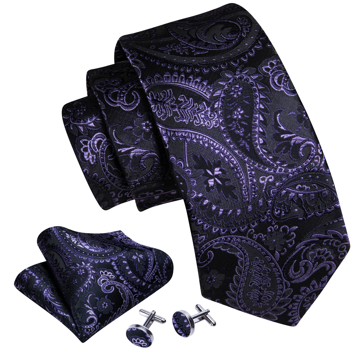 Black Purple Paisley Silk Tie, Pocket Square and Cufflinks Set tie sets - Sophisticated Gentlemen