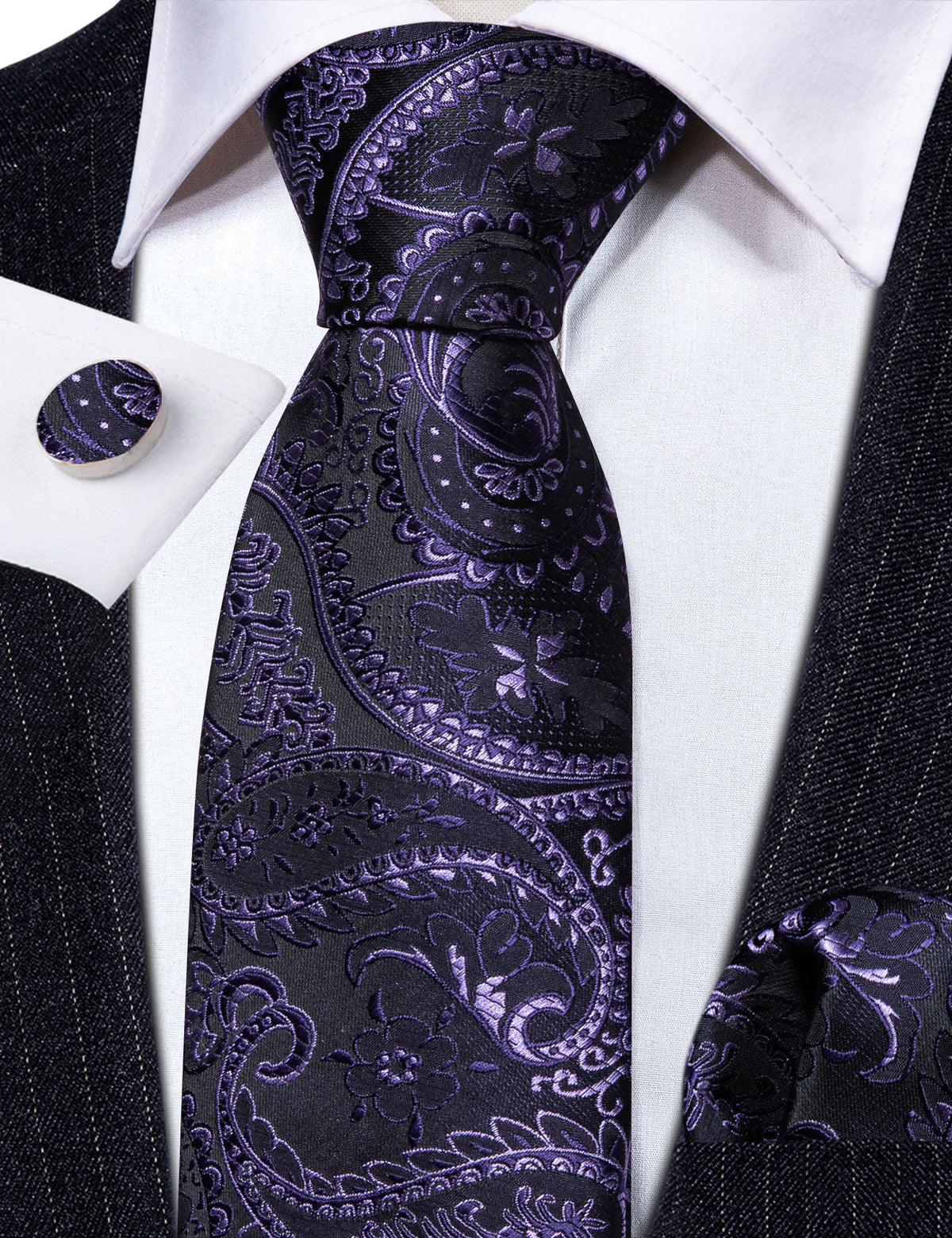 Black Purple Paisley Silk Tie, Pocket Square and Cufflinks Set tie sets - Sophisticated Gentlemen