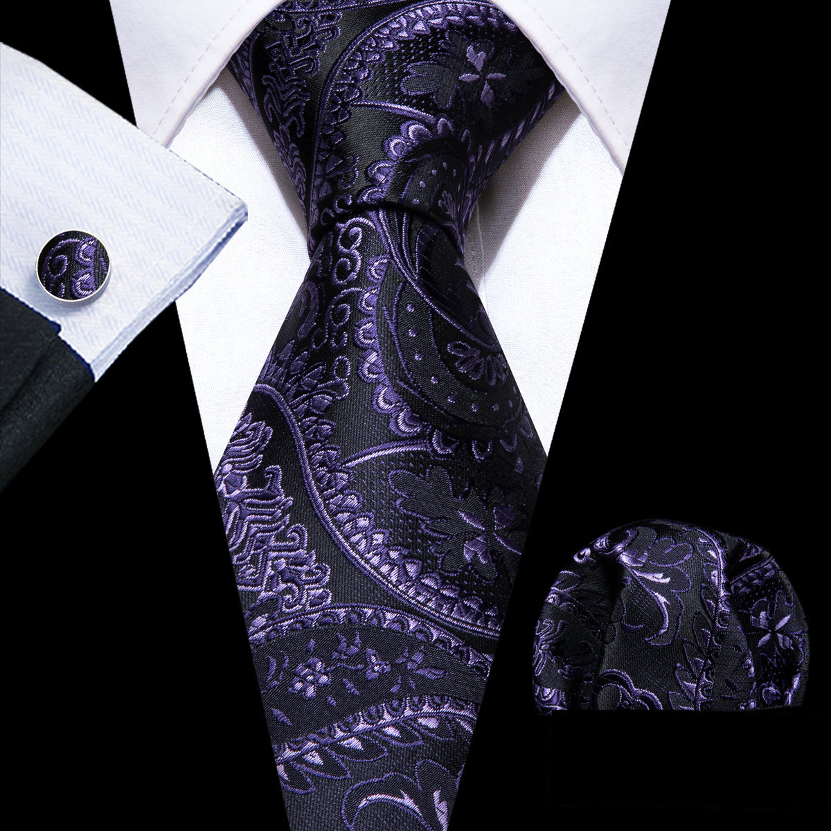 Black Purple Paisley Silk Tie, Pocket Square and Cufflinks Set tie sets - Sophisticated Gentlemen
