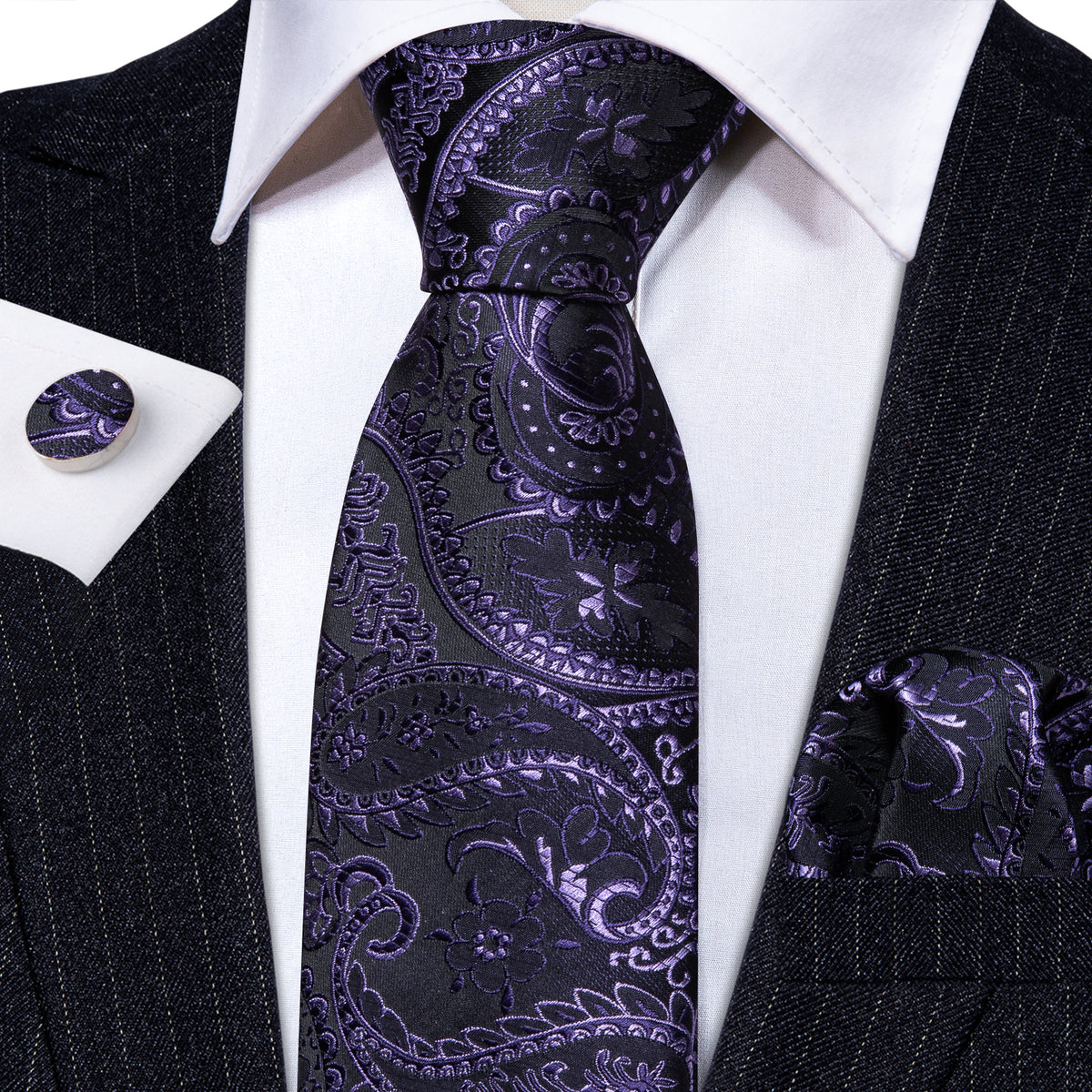 Black Purple Paisley Silk Tie, Pocket Square and Cufflinks Set tie sets - Sophisticated Gentlemen