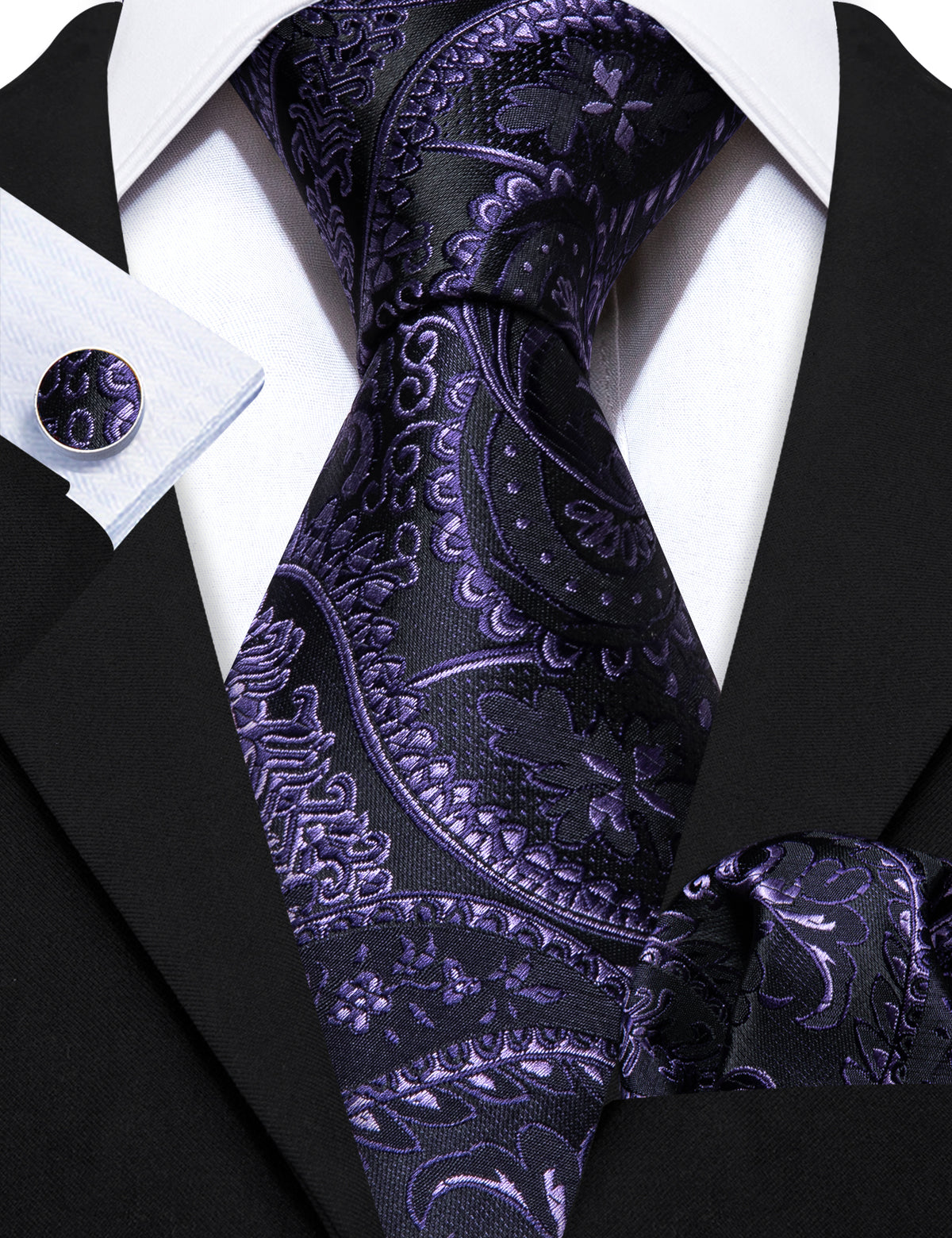 Black Purple Paisley Silk Tie, Pocket Square and Cufflinks Set tie sets - Sophisticated Gentlemen