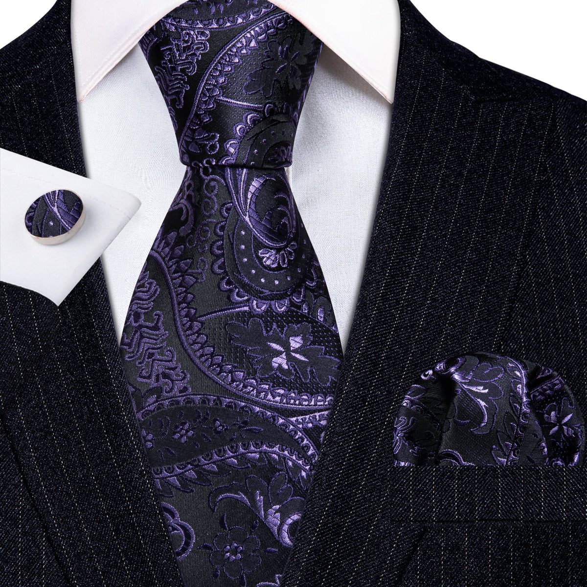 Black Purple Paisley Silk Tie, Pocket Square and Cufflinks Set tie sets - Sophisticated Gentlemen