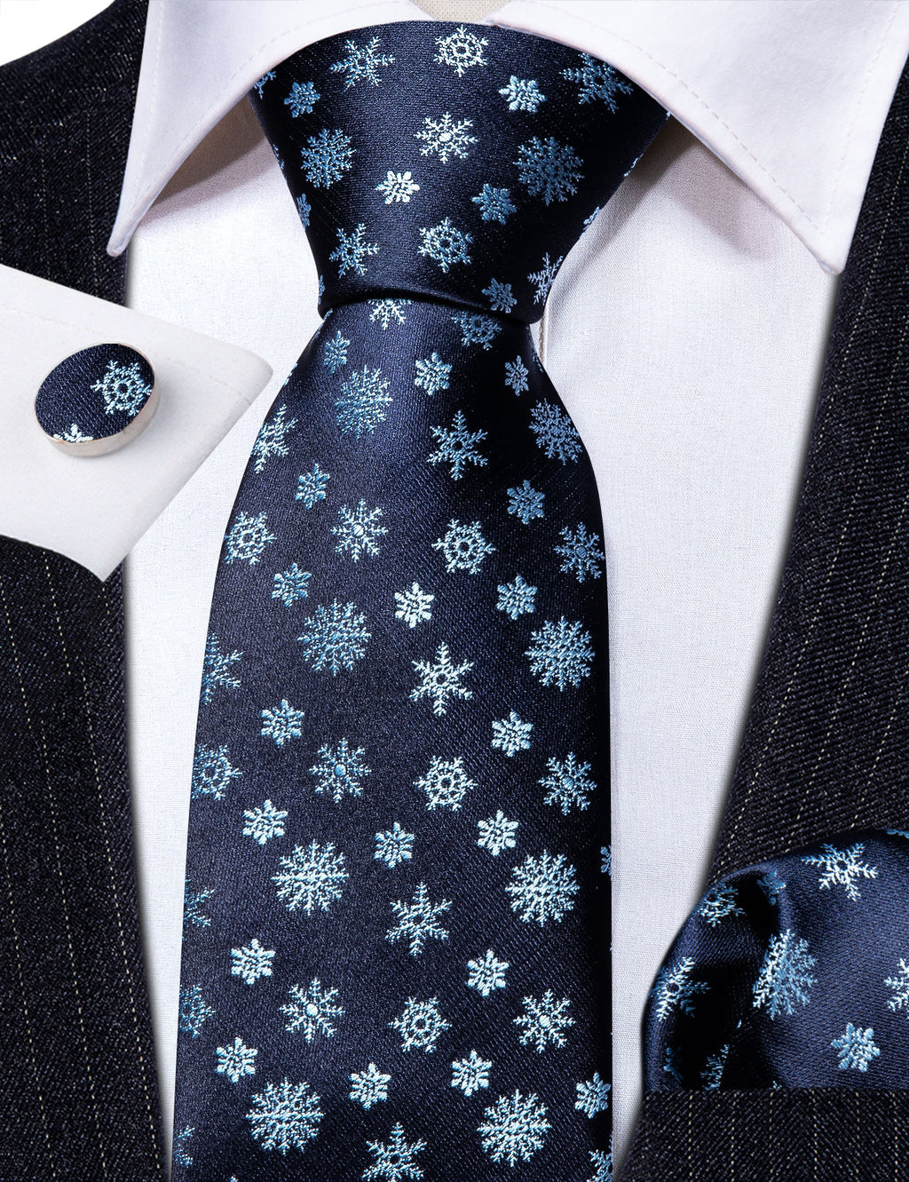 Blue White Christmas Snowflake Silk Tie, Pocket Square and Cufflinks Set tie sets - Sophisticated Gentlemen