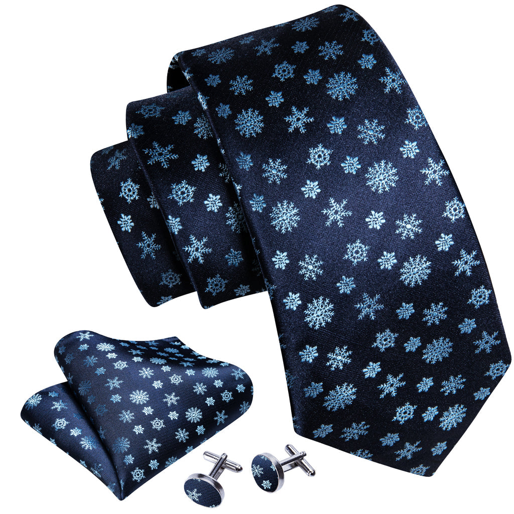 Blue White Christmas Snowflake Silk Tie, Pocket Square and Cufflinks Set tie sets - Sophisticated Gentlemen