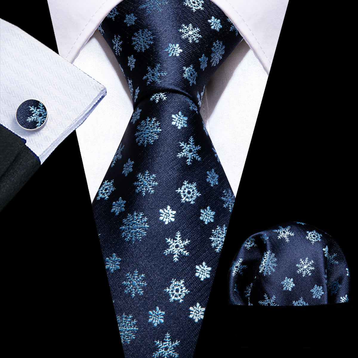 Blue White Christmas Snowflake Silk Tie, Pocket Square and Cufflinks Set tie sets - Sophisticated Gentlemen