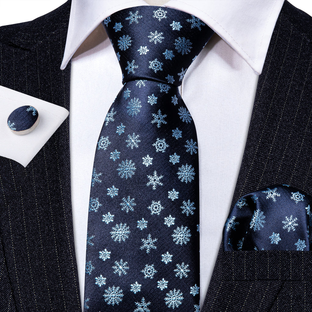 Blue White Christmas Snowflake Silk Tie, Pocket Square and Cufflinks Set tie sets - Sophisticated Gentlemen