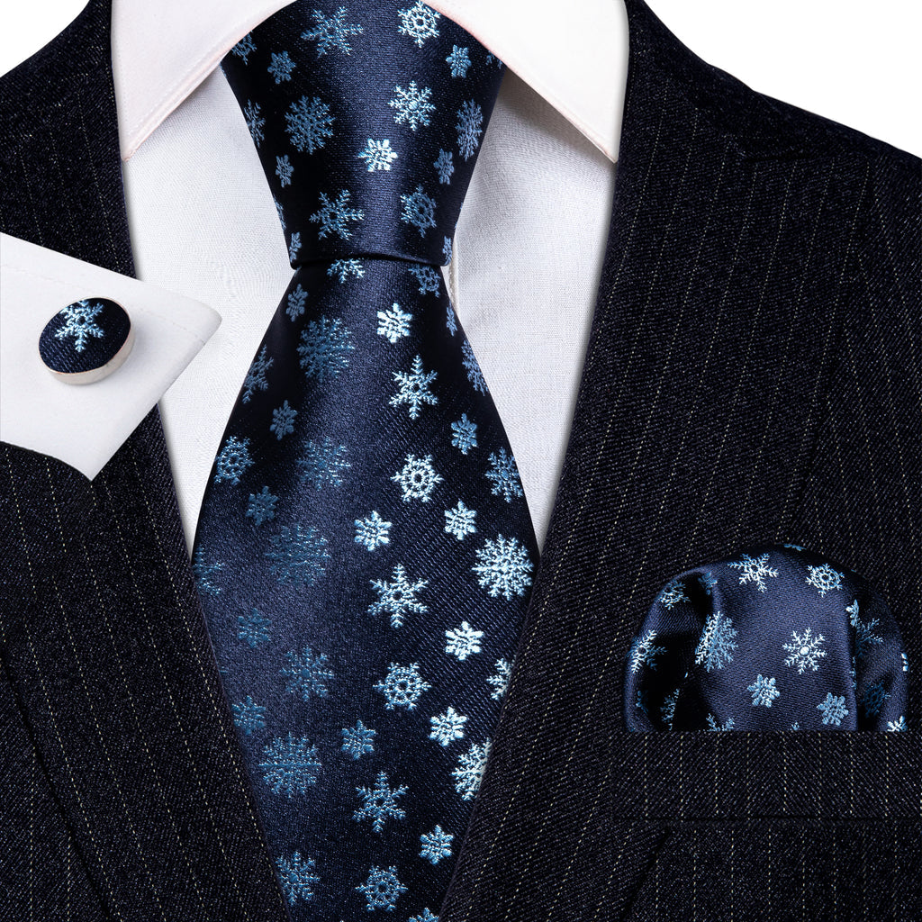 Blue White Christmas Snowflake Silk Tie, Pocket Square and Cufflinks Set tie sets - Sophisticated Gentlemen
