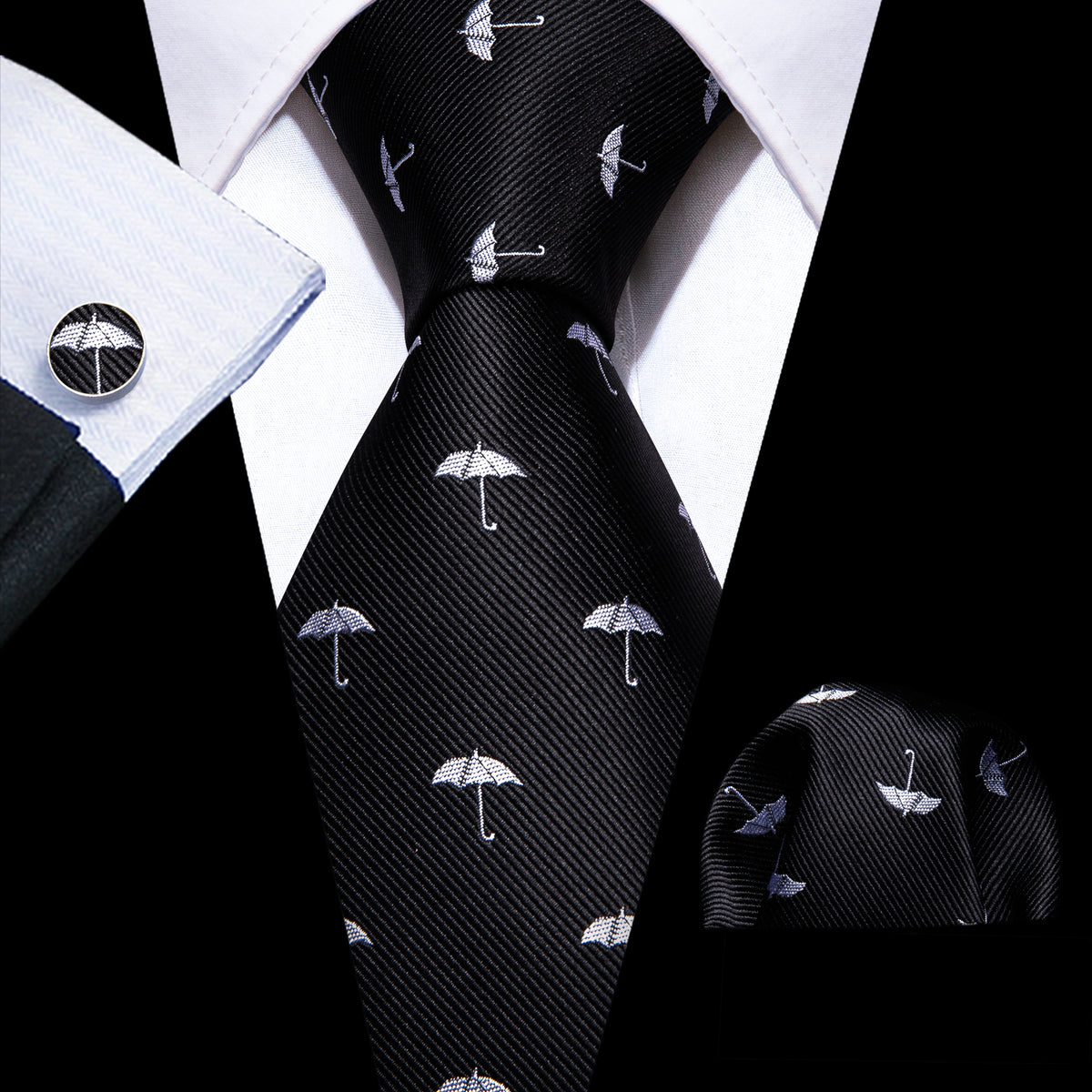 Black White Umbrella Silk Tie, Pocket Square and Cufflinks Set tie sets - Sophisticated Gentlemen